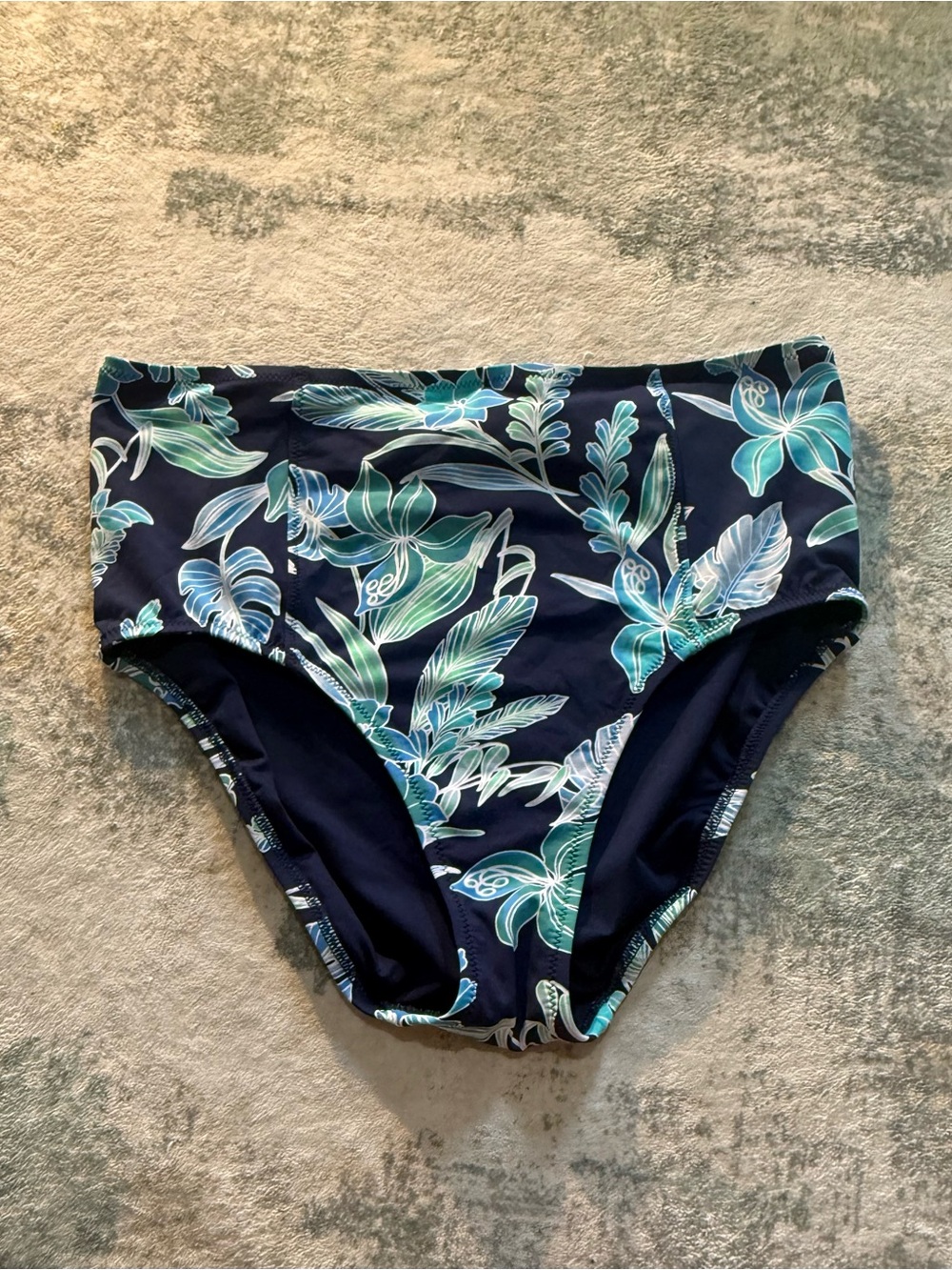 Lands End Womens 12 High Waist Bikini Bottom Navy Tropical Floral Lined